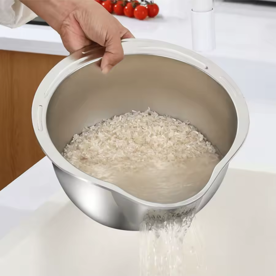 Multi-Functional Stainless Steel Rice Washing Bowl with Drain Holes – 2-in-1 Rice, Fruit & Vegetable Strainer Colander for Kitchen Use