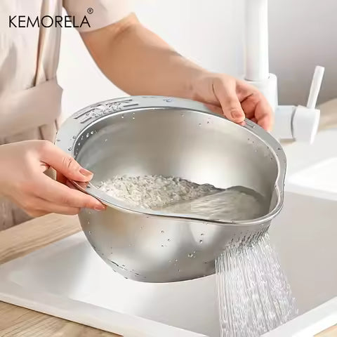 Multi-Functional Stainless Steel Rice Washing Bowl with Drain Holes – 2-in-1 Rice, Fruit & Vegetable Strainer Colander for Kitchen Use